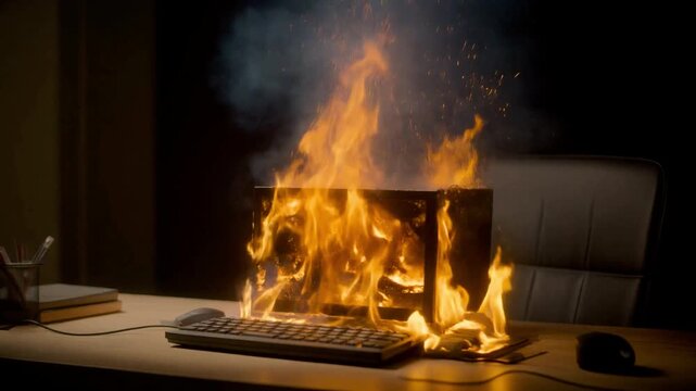 Office desk with a computer on fire, sparks and smoke rising from the screen, dark background, cinematic 4k.