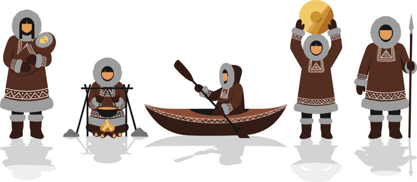Inuit eskimo people traditional lifestyle set with family hunting fishing cooking scenes, arctic culture characters, flat vector illustration