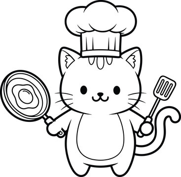 A funny cartoon boy chef wearing a tall hat and a happy smile holds a spoon in this vector illustration drawing of a cute kid character who loves to cook food