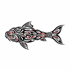 Dynamic Stylized Fish Illustration Featuring Intricate Tribal Patterns in Bold Black and Red Tones, Perfect for Distinctive Graphic Design and Artistic Projects