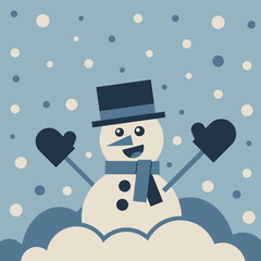 Cute flat vector illustration of a smiling snowman with hat and scarf, winter snowfall scene in pastel blue tones, playful cartoon design.