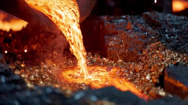 Closeup on molten metal pouring during smelting of electronic scraps emphasizing the recovery of valuable metals from ewaste.