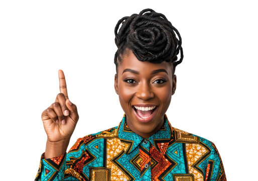 young black woman, intricate dreadlocks, vibrant african print shirt, smiling broadly, pointing up in eureka pose on a high-key white studio background, concept of sudden inspiration and innovation