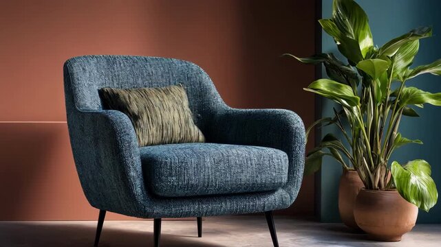 Medium shot of a stylish armchair covered in recycled polyester fabric highlighting texture and durability within a contemporary interior setting.