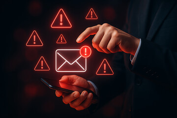 Digital holographic security concept with email message phishing warning alert red triangle icons around smartphone representing online threats and cyber attack safety