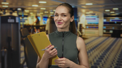 Fototapeta premium Woman with clipboard and pen gestures while discussing workout routine in a gym building; motivational support.