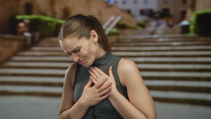 Woman clutching chest on a street; agony.