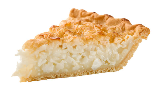 Filipino buko pie slice with coconut strips in creamy milky filling and golden lattice crust isolated on the transparent background