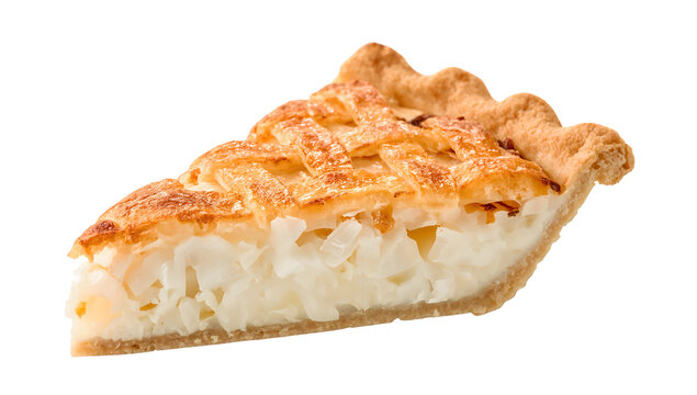 Filipino buko pie slice with coconut strips in creamy milky filling and golden lattice crust on isolated the transparent background