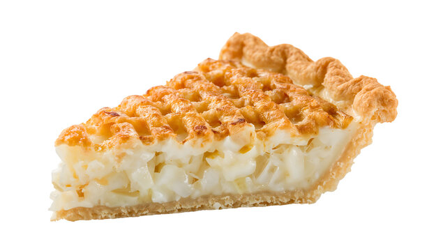 Filipino buko pie slice with coconut strips and milky filling topped with golden lattice crust isolated on white