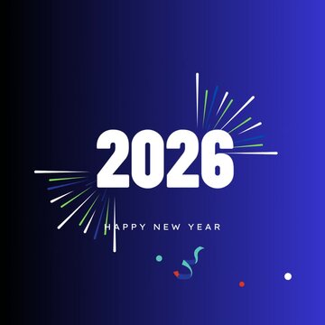 Happy New Year 2026 Celebration | White Text, Flat Animation, Blue Gradient Background, Fireworks Effects, Festive Holiday Intro, Premium 4K Video