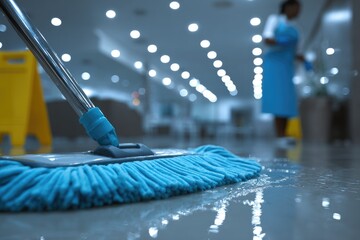 Professional Cleaning Service in Action: Mop on Wet Floor with Janitor in Background