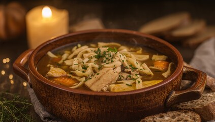 Still Life with Rustic Soup, Candlelight, and Bread. A Study in Warm Tones and Textures.