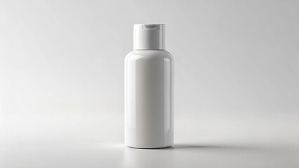 White mockup travel shampoo bottle, compact form, blank surface, realistic packaging visualization.