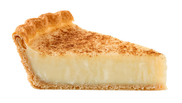 South african milk tart wedge with creamy custard filling, cinnamon top, and crisp pastry shell isolated on white