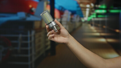 Caucasian man on a cruise holds a modern led bulb, showcasing innovative energy concepts against a...