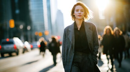 Confident Woman Walking in Sunlit Urban Street, Embracing City Life and Fashion