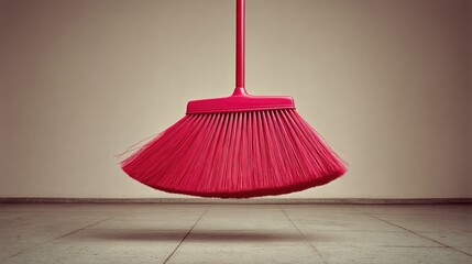 Floating Red Broom on Clean Tile Floor - Minimalistic and Surreal Household Concept