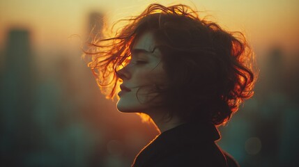 Sunset Silhouette: Serene Contemplation of a Young Woman with Wavy Hair Against Blurred Cityscape