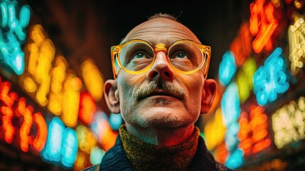 Pensive Man in Neon-Lit Urban Setting Wearing Vibrant Glasses