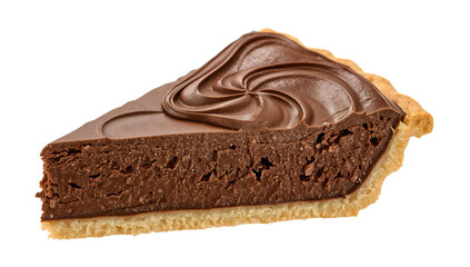 Swirltopped chocolate silk pie slice with velvety interior and buttery crust on the transparent background