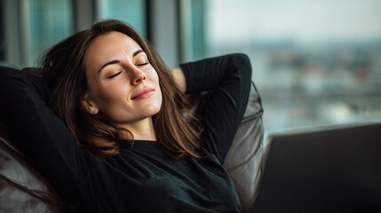 Relaxed Young Woman Enjoying Peaceful Moment Indoors by Window with Natural Light