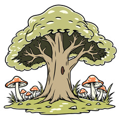 Enchanted Forest Tree with Red Mushrooms and Hollow Trunk