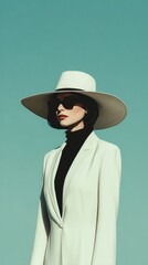 Elegant Woman in White Suit and Wide-Brimmed Hat Against Blue Sky Backdrop
