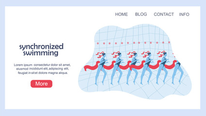 Landing page with a women's synchronized swimming team. Hand drawn vector illustration.