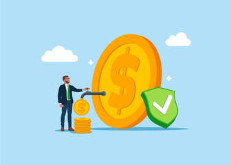 Businessman opening water tap to let dollar coins next to a shield of a reliable business bank program with good quality. Financial investments. Flat vector illustration