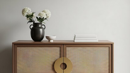 Wooden Sideboard with Cane Doors and Vase white bowl