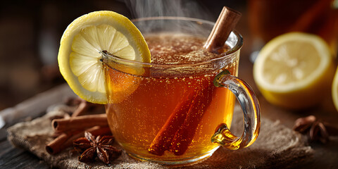 Hot spiced Apple cider Toddy with lemon, honey and cinnamon stick in glass, warming beverages for seasonal comfort