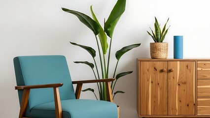 Blue chair and wooden cabinet with plants interior home decor