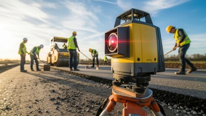 A laser level on a tripod at a road construction site. Surveying equipment used for paving a new asphalt highway with a team of workers