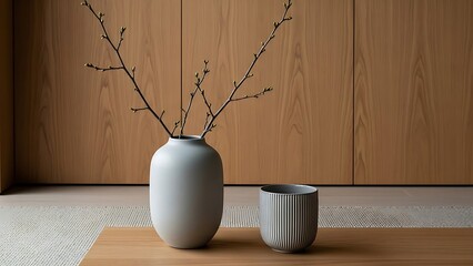 Vase with branches on a wooden table interior