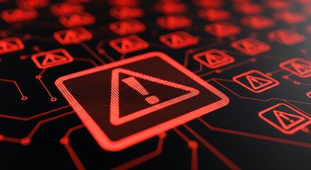 Warning signs on a circuit board with red lights and a black background indicating caution and alertness.
