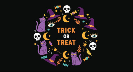 Obraz premium Halloween trick or treat wreath design featuring purple cats witch hats skulls and magic icons on a solid black background.