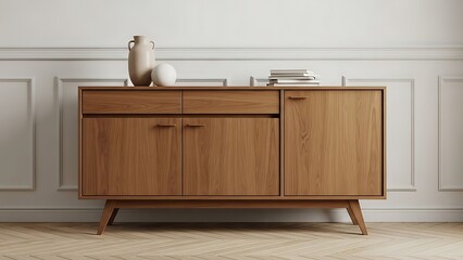 Wooden Sideboard with Books and Vases interior home decor