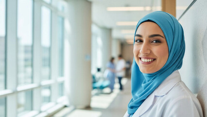 Smiling Muslim woman doctor in hospital corridor with bright lighting
