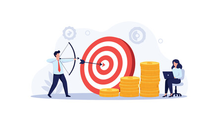 Goal achievement concept showing a businessman shooting an arrow at a target next to large stacks of golden coins for success.