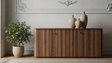 Wooden Sideboard with Vases and Plant interior home decor