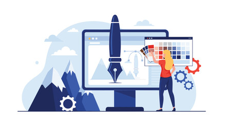 Creative graphic designer working at a computer desk with a color palette and digital drawing tools displayed on the monitor.