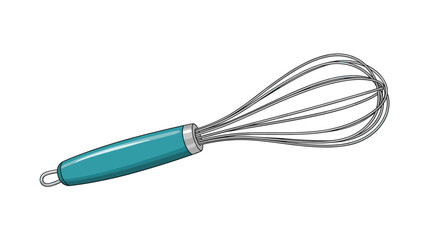 Obraz premium Professional kitchen whisk with a teal blue handle isolated on a white background for efficient cooking and baking tasks.