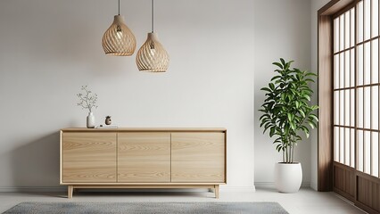Light wood sideboard with hanging lamps and plant