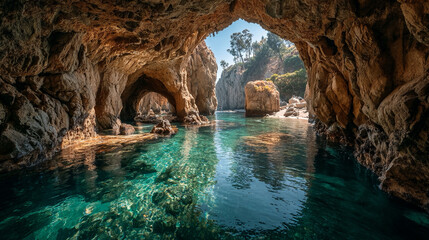 Ocean cave entrance with sunlight reflecting on water, rugged rocky opening into marine cavern, calm turquoise sea, textured cliff walls, coastal geological feature, serene natural environment