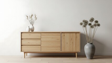 Light wood dresser with vases on furniture