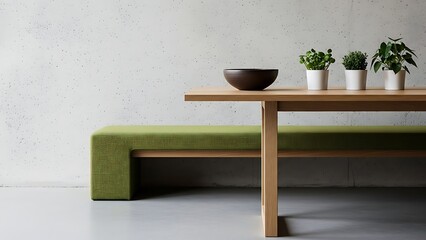 Modern dining table with green bench and potted plants