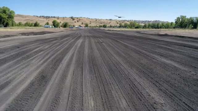 Medium shot of black tar paddock surface with tire tracks showing durability and traction for automotive staging and vehicle setup areas.