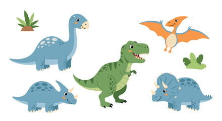 Group of various cute cartoon dinosaurs including a T-Rex, Brachiosaurus, Triceratops, and Pterodactyl, set against a plain white background.