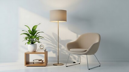 Beige chair and floor lamp with plant on side table